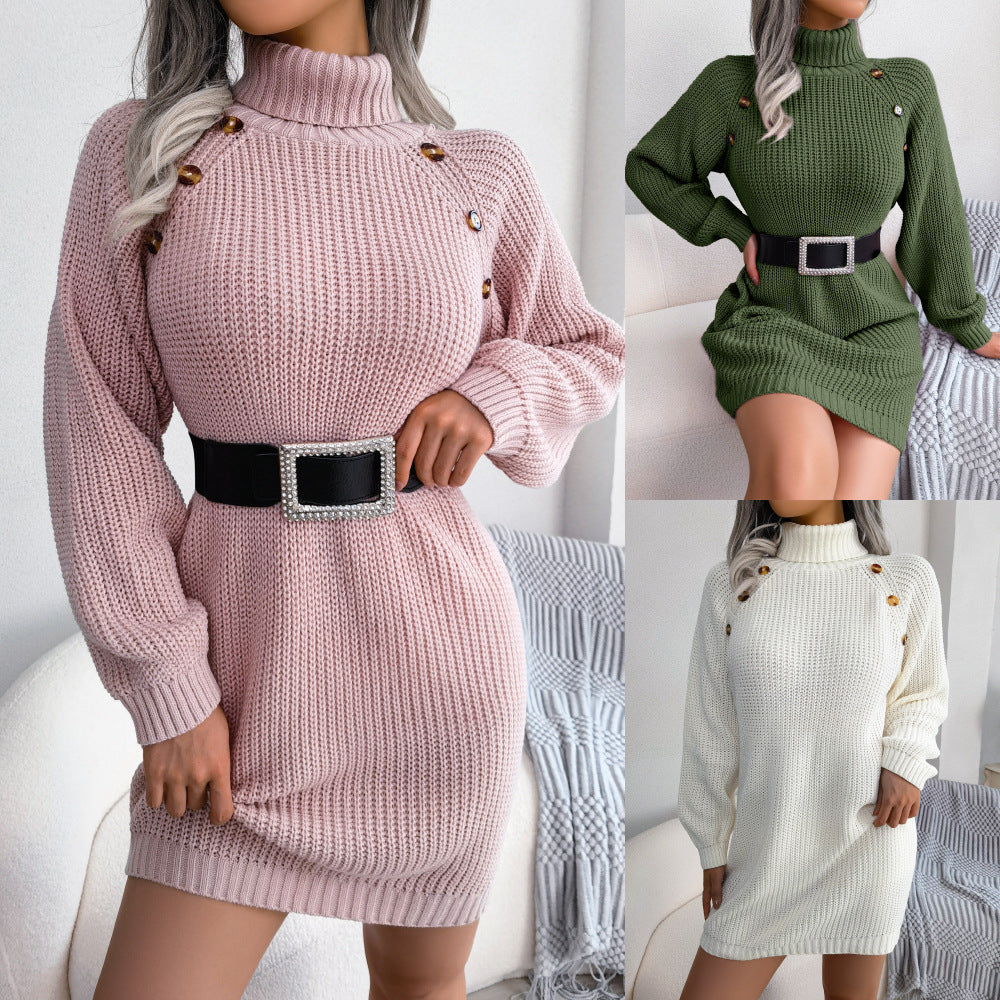 Winter Turtleneck Sweater Dress With Button Detail, Long Sleeve