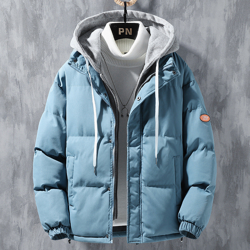 Men's Hooded Winter Jacket With Fake Two-Piece Design, Windproof