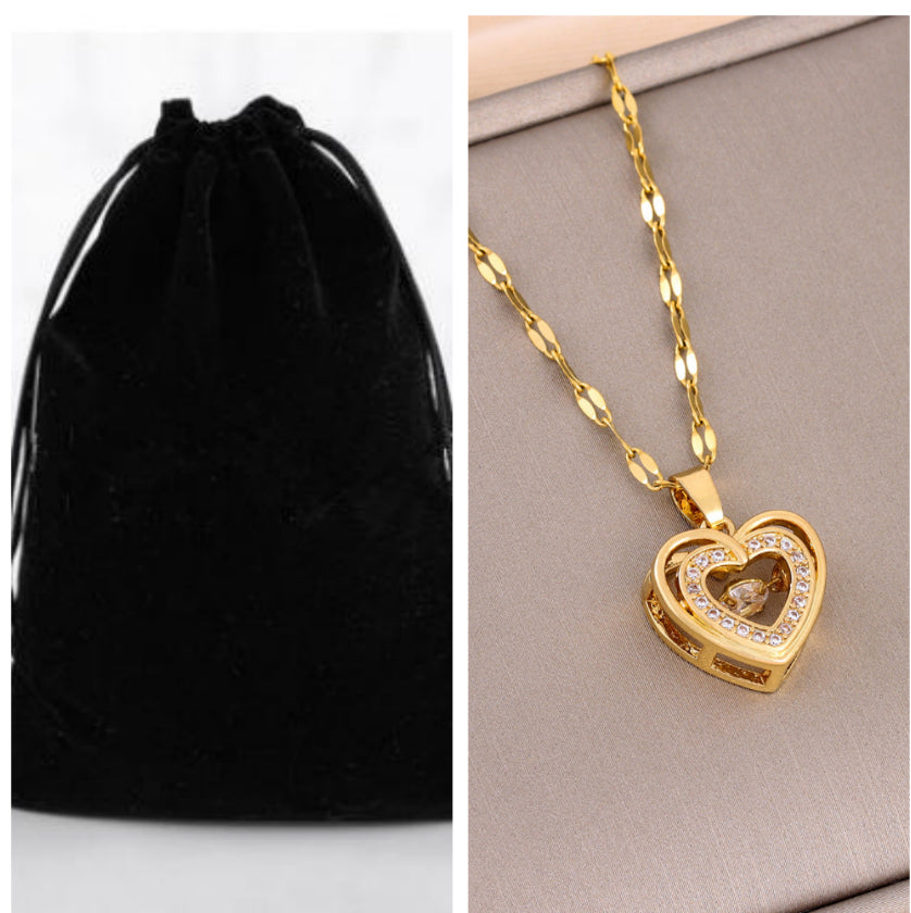 Double-Layer Love Heart Necklace With Rhinestones, Titanium Steel