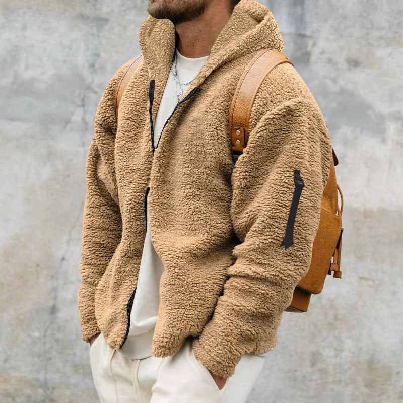 Men's Plush Hooded Fleece Jacket, Double-Sided Warm Zip Coat