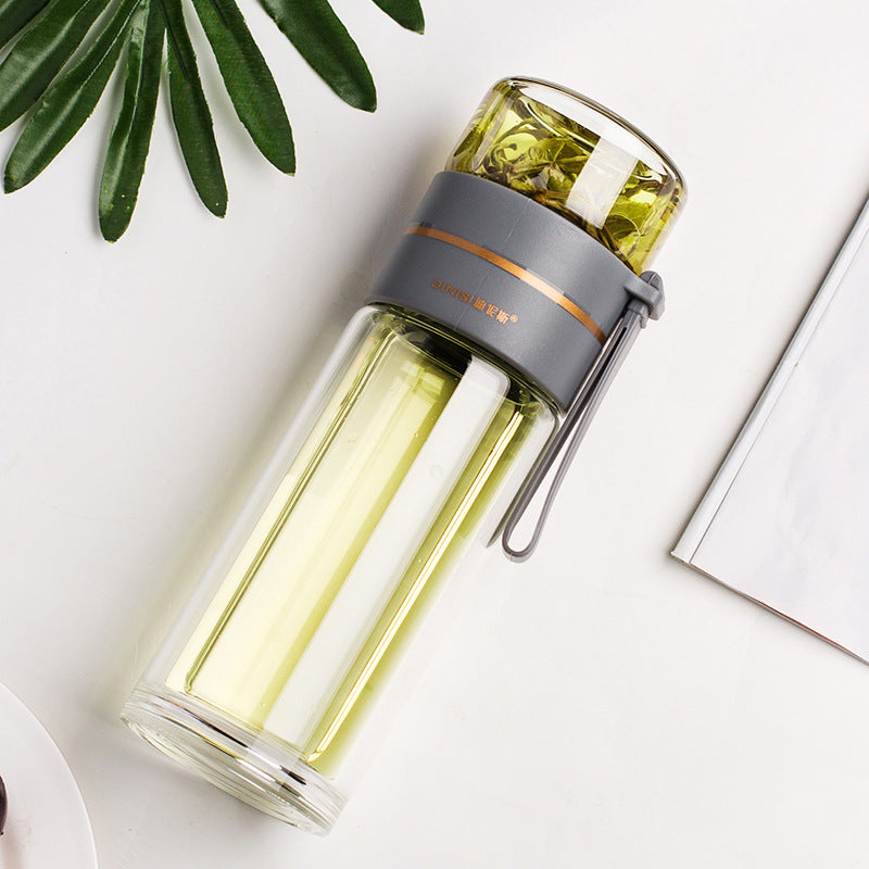 Glass Water Bottle with Tea Infuser, Double Wall Leakproof Flask
