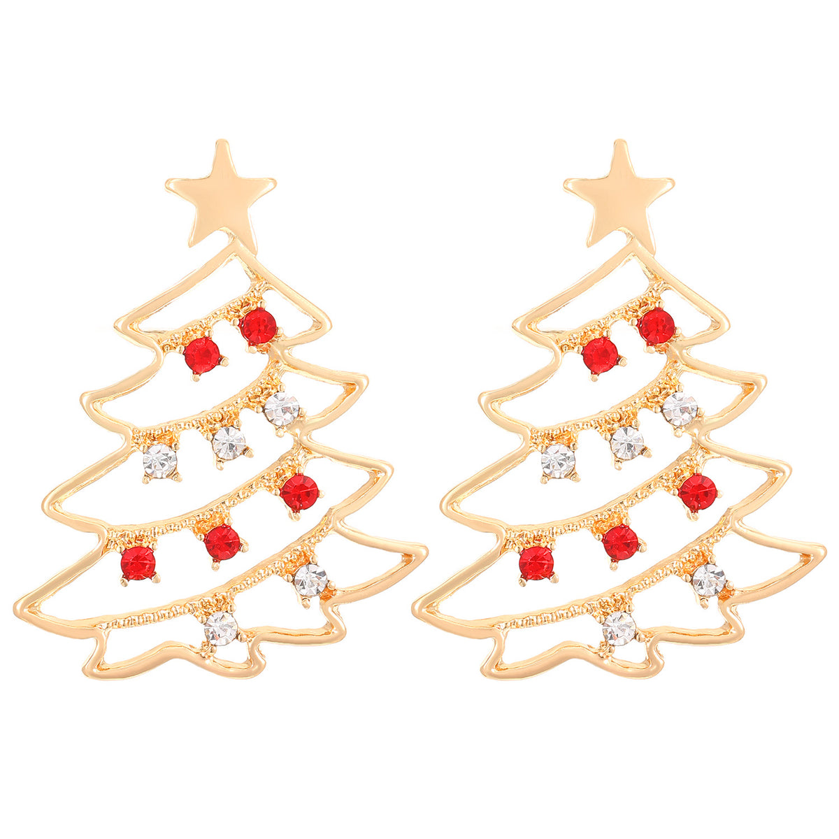 Colourful Zircon Christmas Tree Earrings in Gold Red and Green