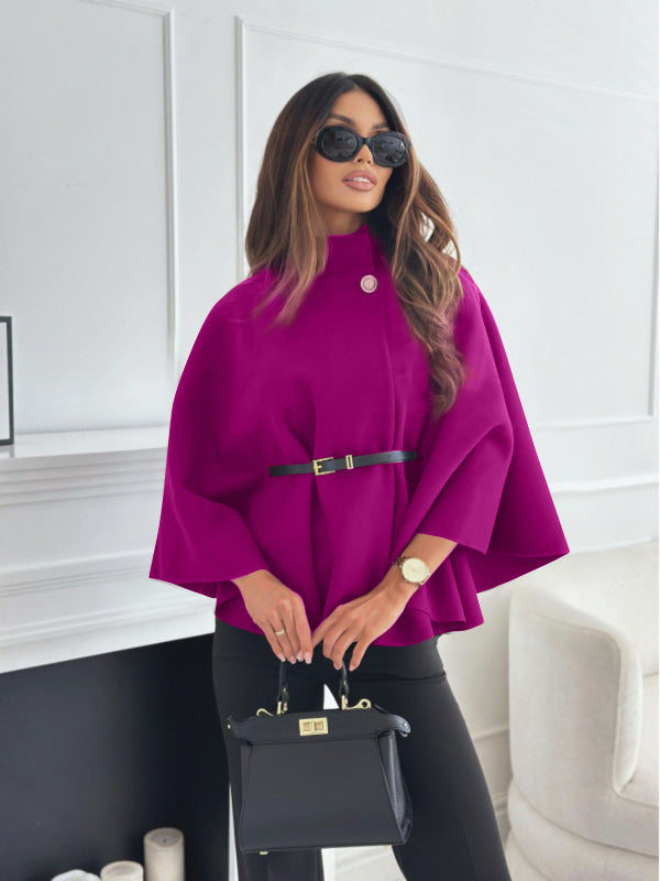 Women's Stand Collar Batwing Cloak Jacket With Belt, Woolen Look