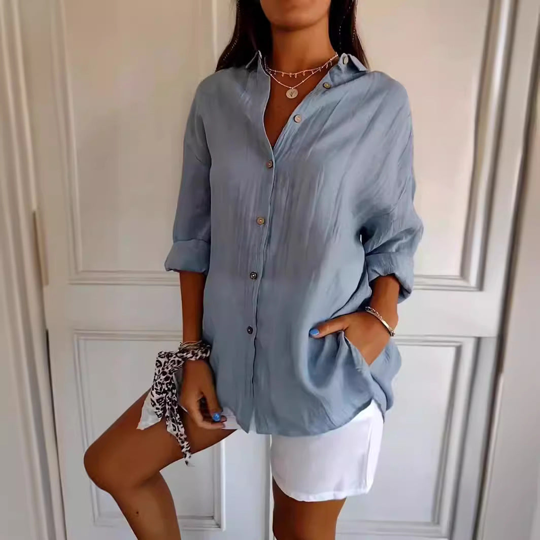 Women's Pleated Single-Breasted Lapel Shirt, Loose Fit, XS to 5XL
