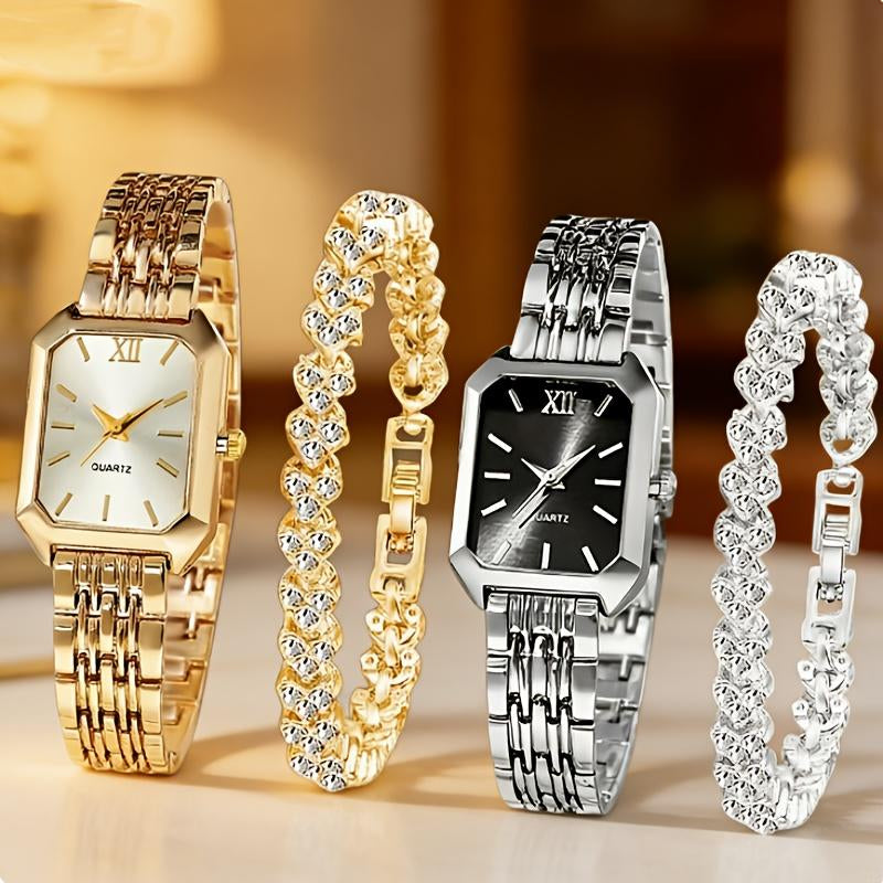 Women's Square Quartz Wristwatch Set with Bracelet