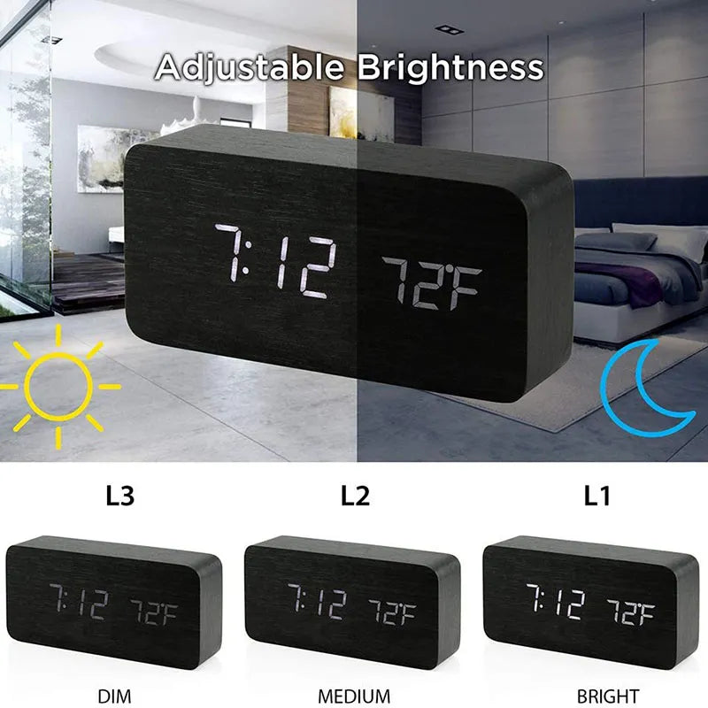 Wood-Look Digital LED Alarm Clock with Temperature Display
