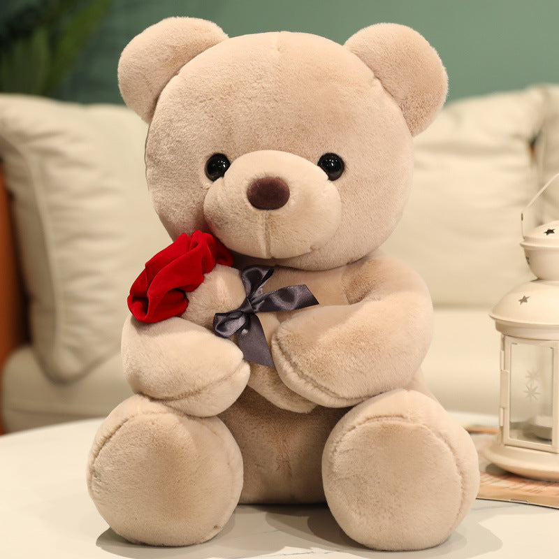 Lovely Hug Roses Teddy Bear Plush Pillow, Soft Stuffed Animal Doll