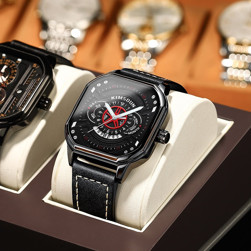 Men's Trendy Waterproof Quartz Watch with Leather Strap
