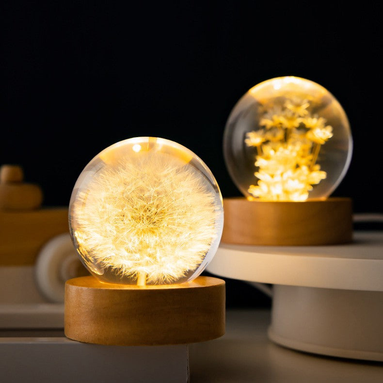 Luminous 3D Dandelion Crystal Ball on Beech Wood Stand