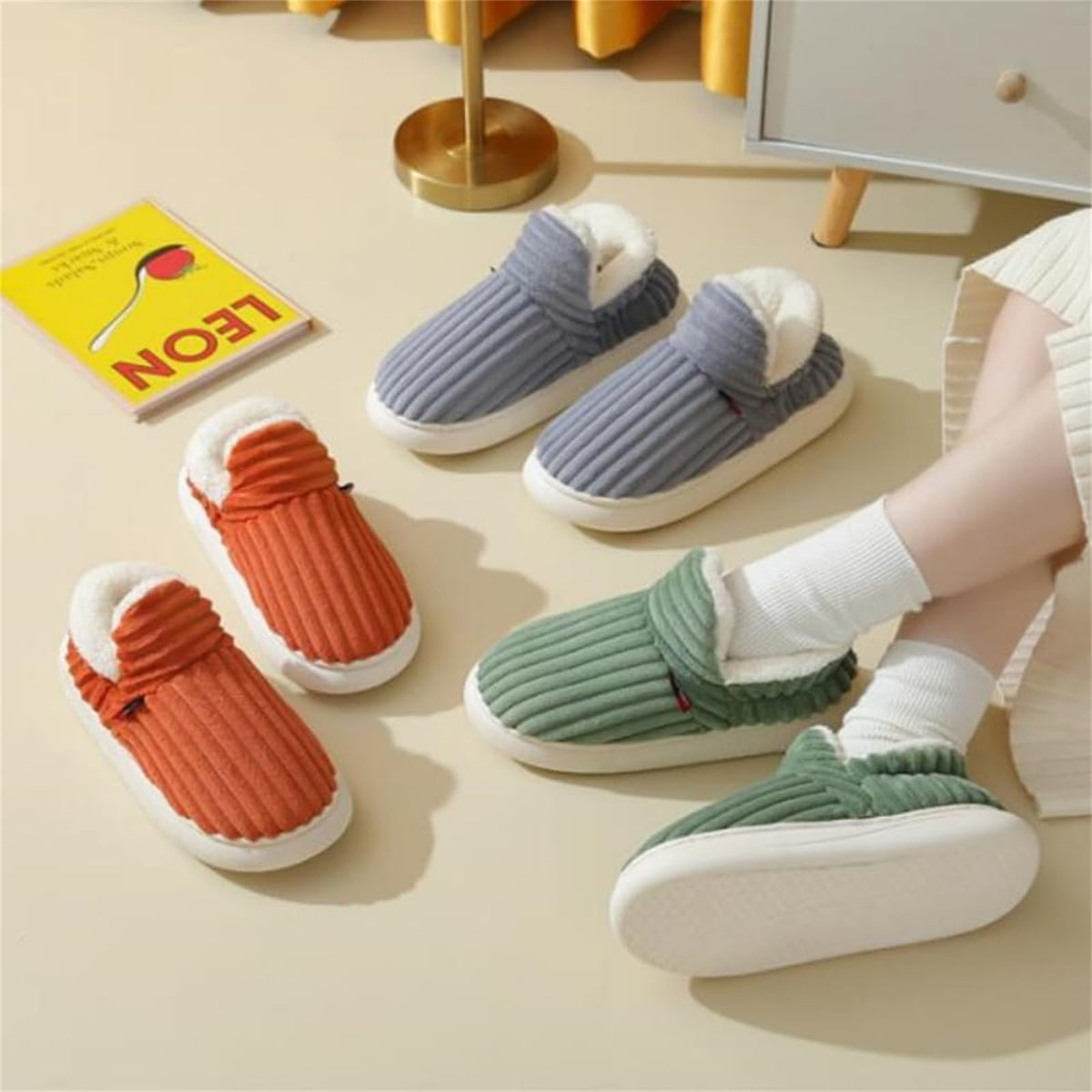 Women's Winter Plush Home Slippers with Striped Soft Sole