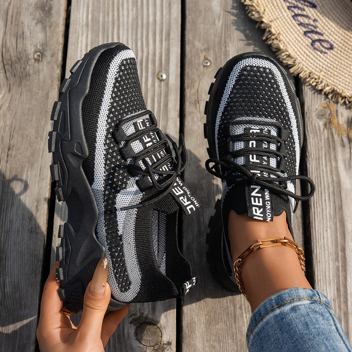 Women's Flyknit Mesh Lace-Up Sneakers, Breathable Walking and Running Shoes