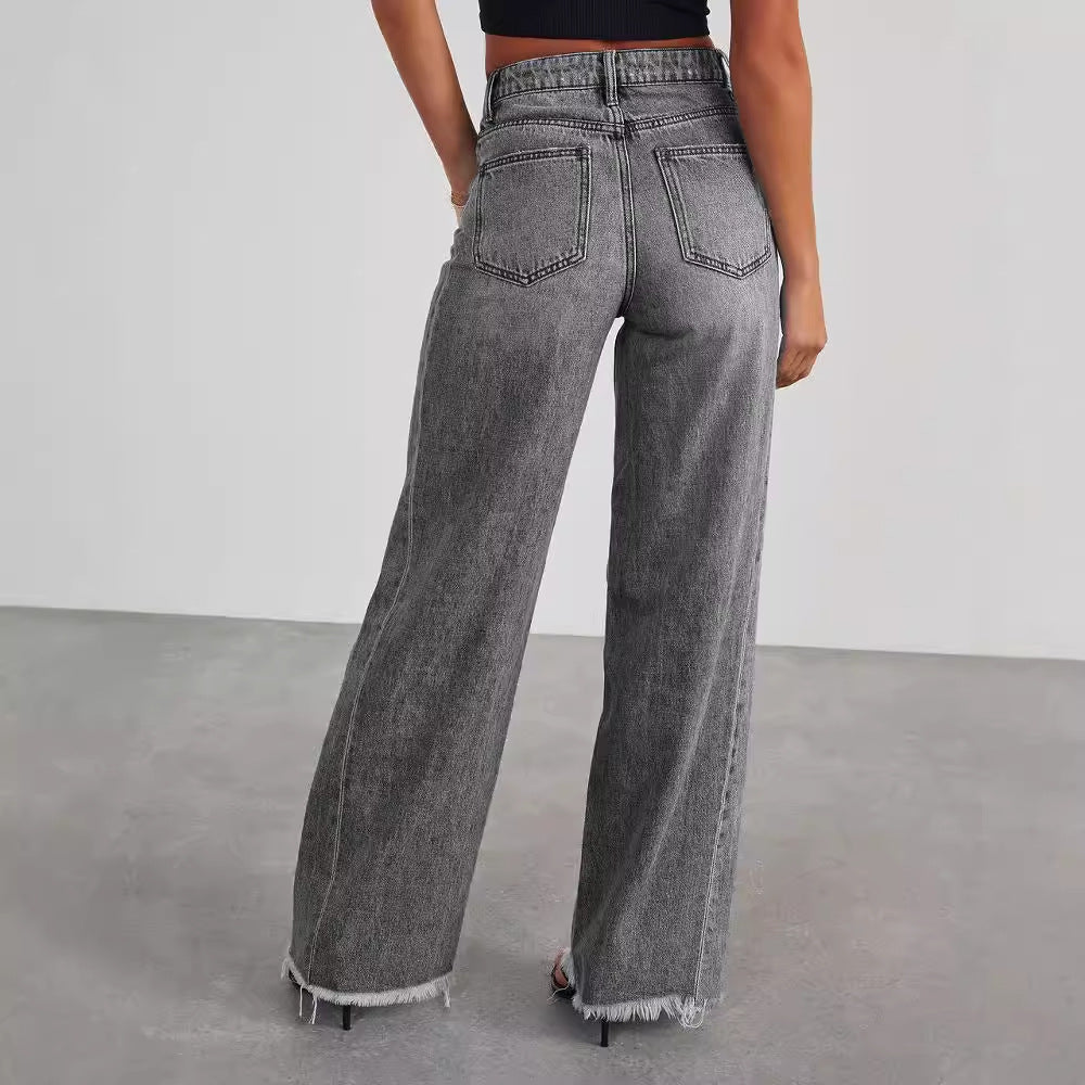 Women's High-Waist Straight Wide-Leg Jeans with Pockets
