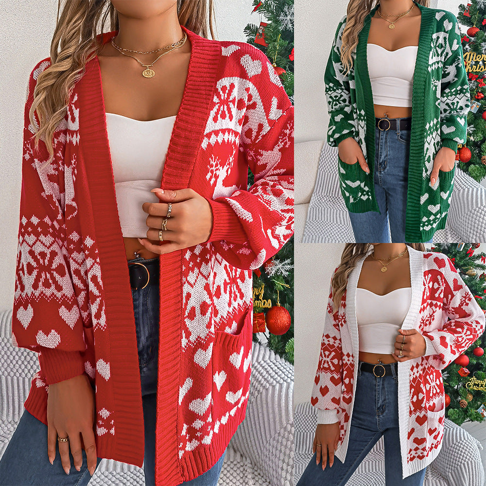 Women's Christmas Open Front Cardigan with Lantern Sleeves