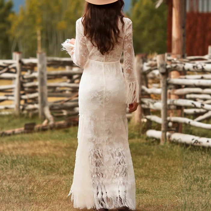 Vintage Boho Tassel Dress for Women, White Lace V-Neck Fringe Sleeve