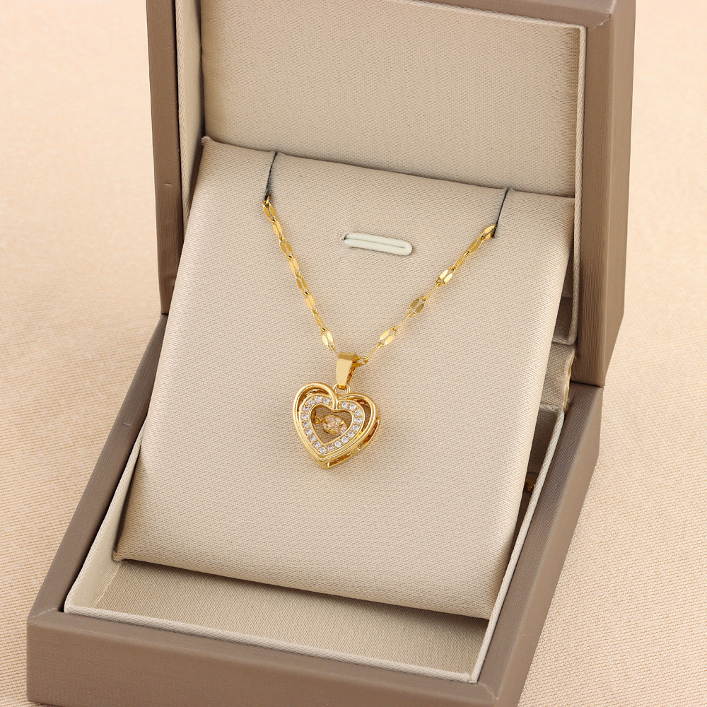 Double-Layer Love Heart Necklace With Rhinestones, Titanium Steel