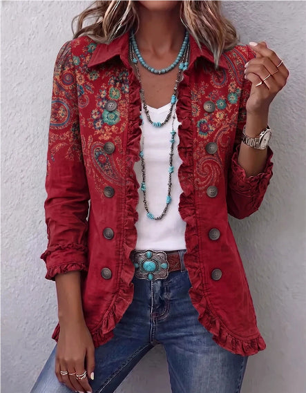 Women's Pleated Lapel Blazer Jacket, Solid Colour Ruffled