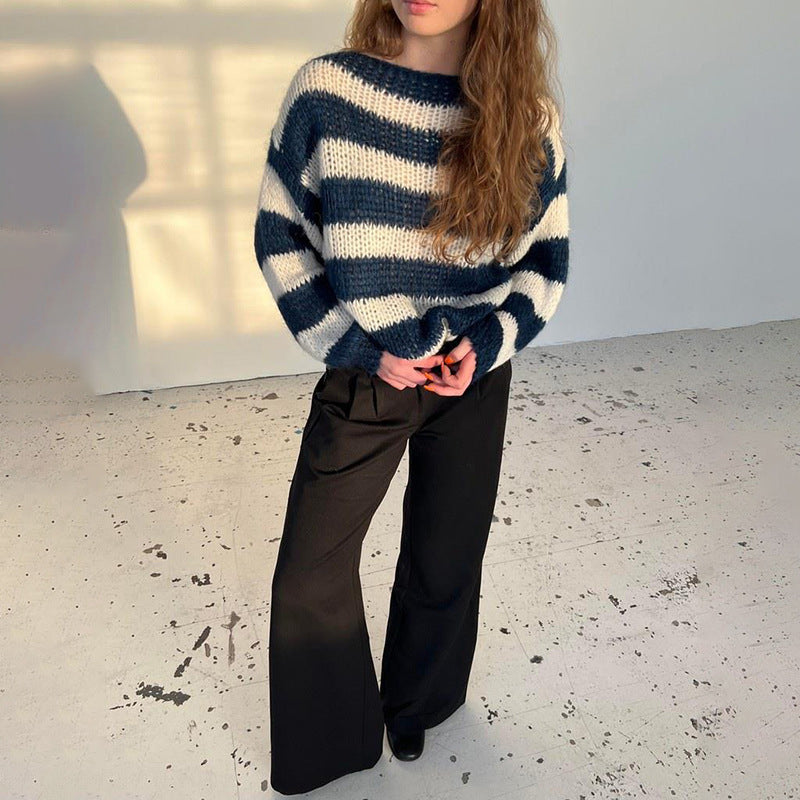 Loose Striped Knit Pullover Jumper for Women, Long Sleeve