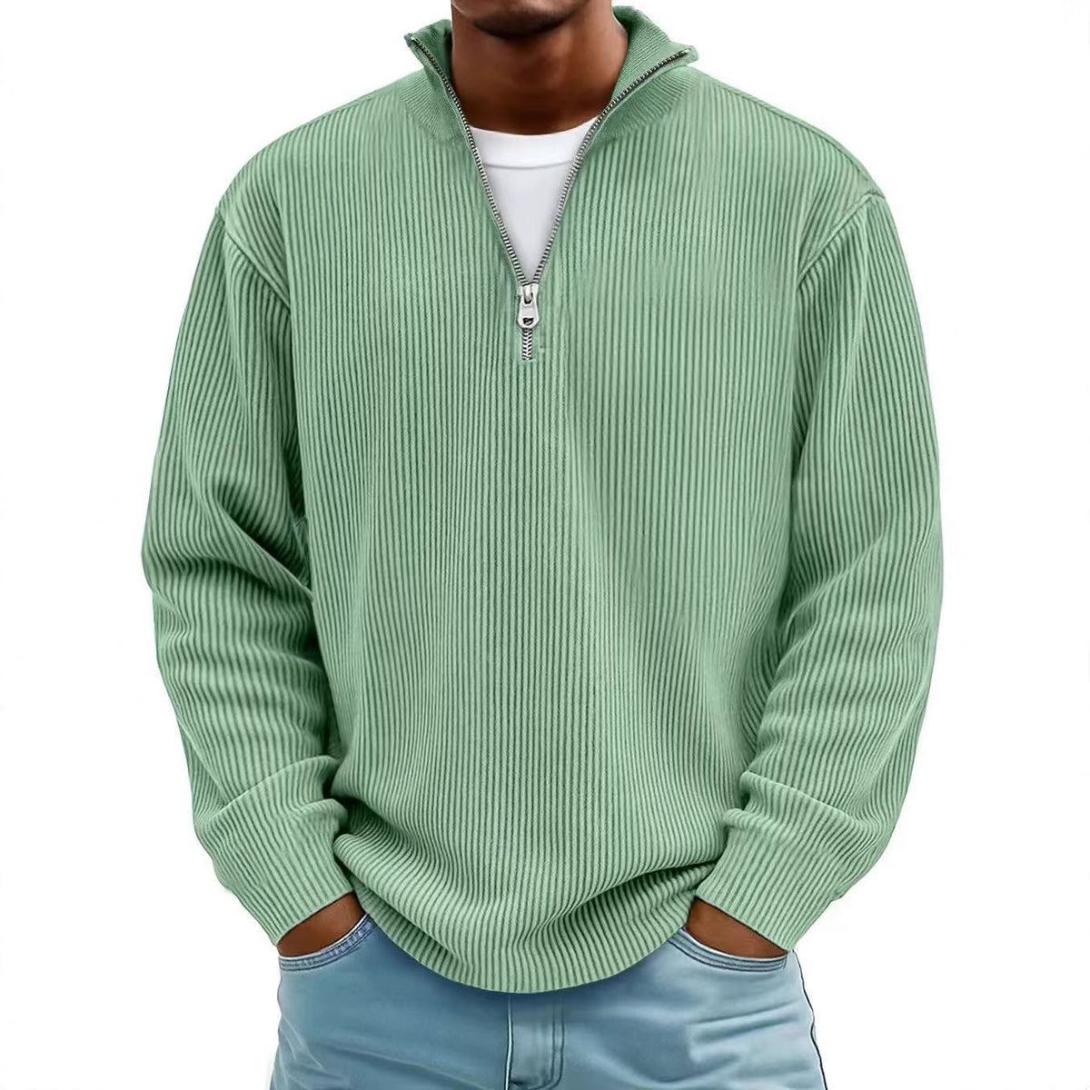 Corduroy Zip-Up Stand Collar Sweatshirt, Warm Solid Colour Top for Men