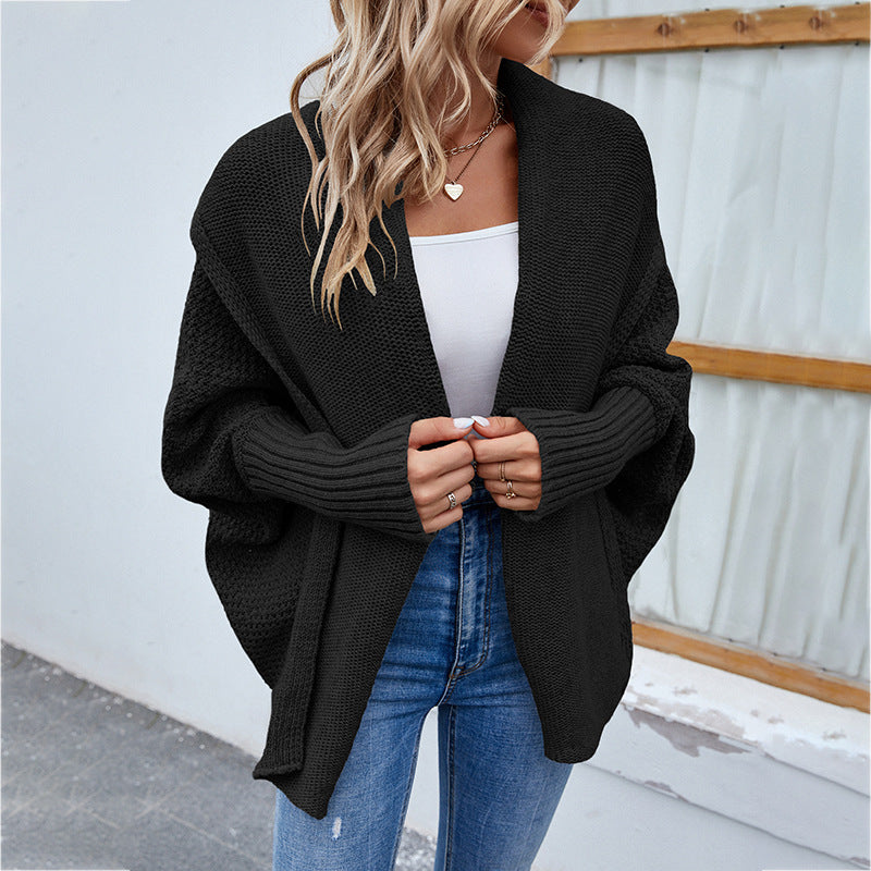 Loose Knit Bat-Sleeve Cardigan with Large Lapel for Women