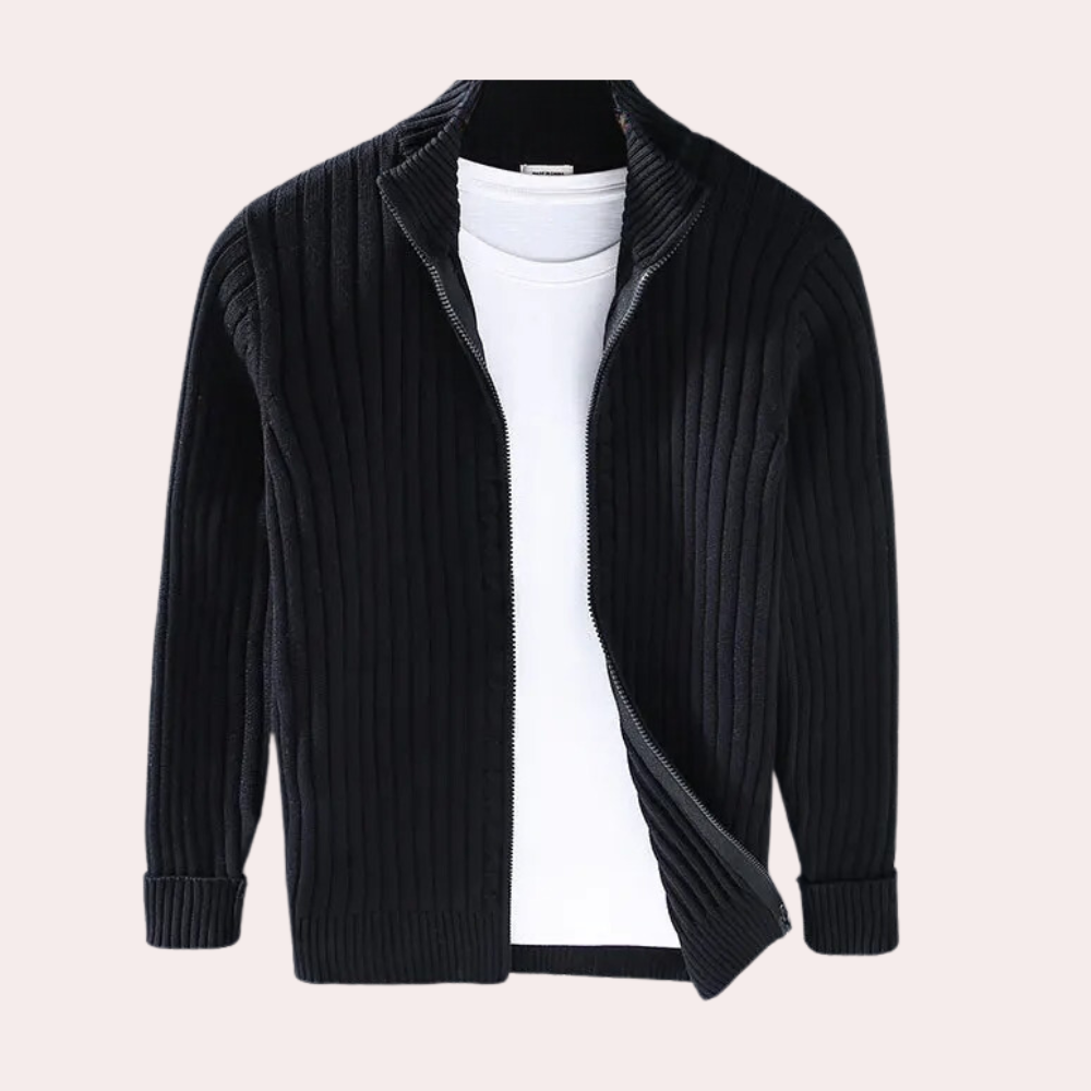 Men's Knitted Zip-Up Cardigan with Ribbed Details for Smart Casual