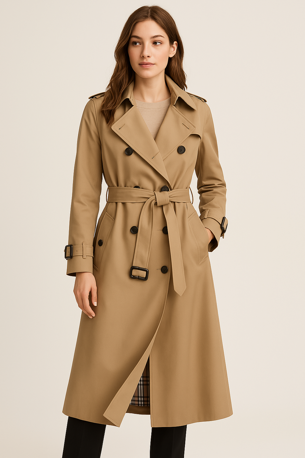 Women's Double-Breasted Trench Coat with Removable Belt