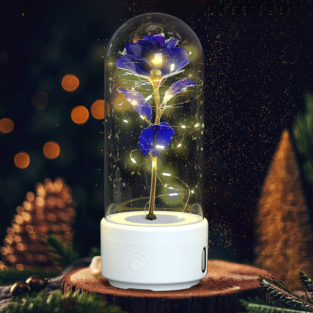 Rose Flower LED Night Light With Bluetooth Speaker In Glass Dome
