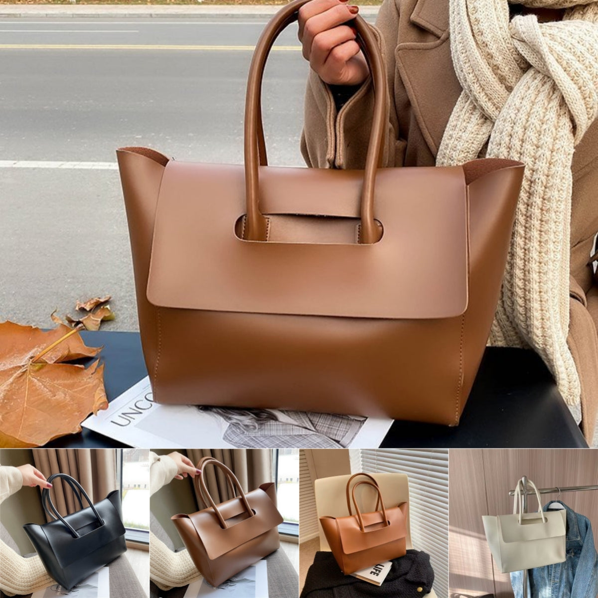 Women's Large Capacity Retro Shoulder Tote Bag, Solid Colour