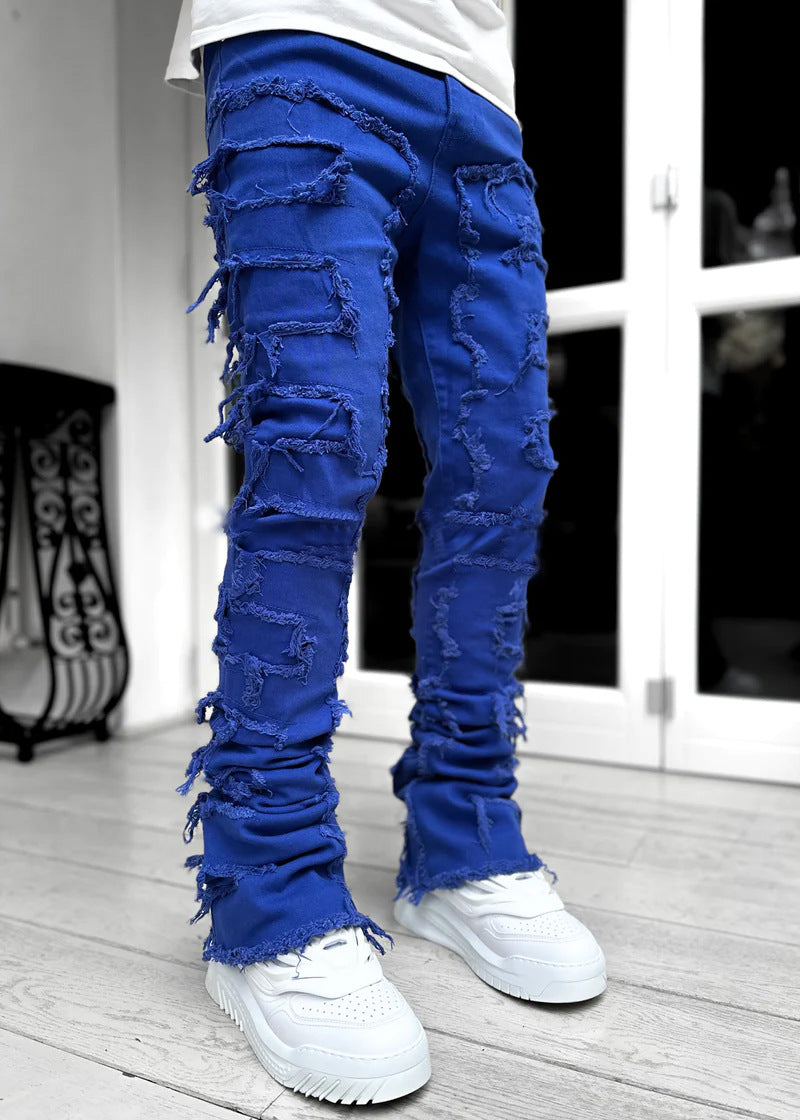 Men's Ripped Fringe Patched Jeans in a Slim Stacked Fit