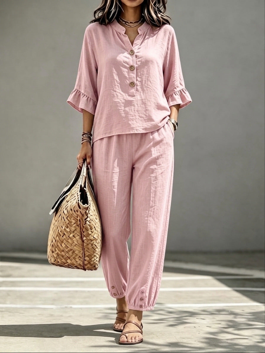 Women's 2-Piece V-Neck Top and Wide Leg Trousers Co-ord Set
