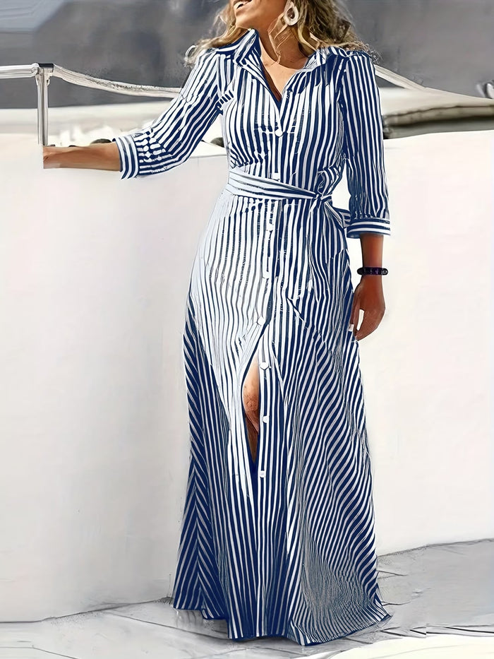 Tiffany | Vestido Casual de Manga Comprida com Estampa às Riscas