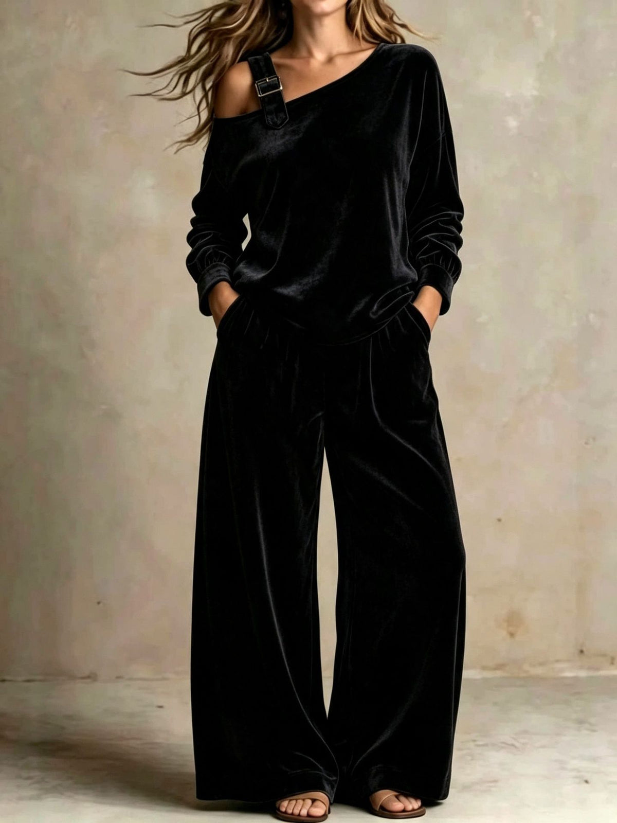 Women's Velvet Off-Shoulder Two-Piece Set, Soft Casual Outfit