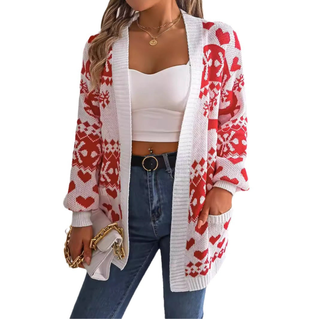 Women's Christmas Open Front Cardigan with Lantern Sleeves