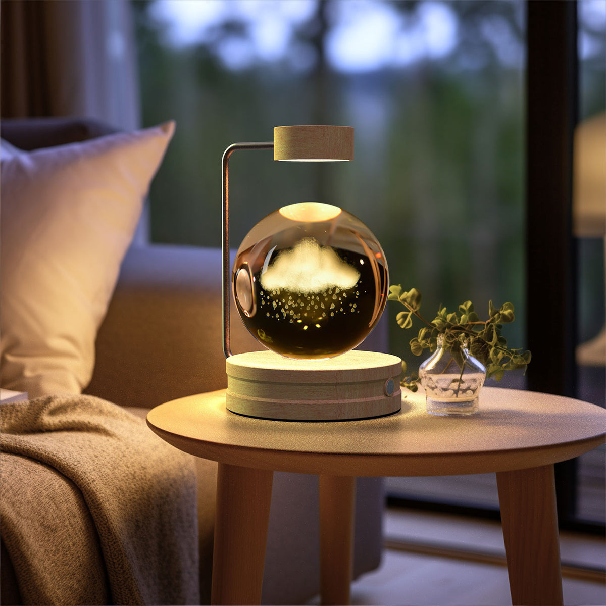 Crystal Ball Night Light With 3D Pattern On Wooden Base