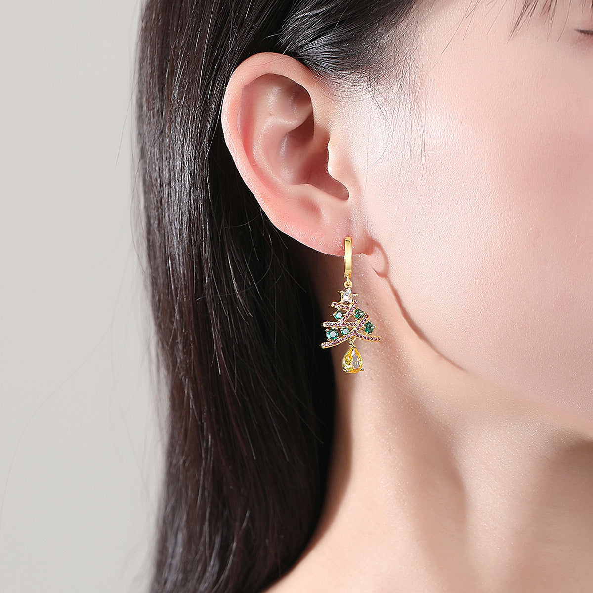 Colourful Rhinestone Christmas Tree Earrings in Gold