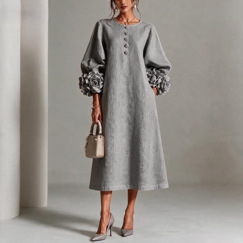 Floral Puff Sleeve A-Line Dress With 3D Flowers For Parties