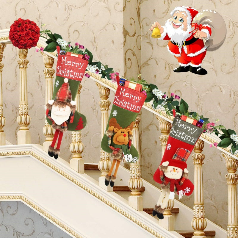 Big Plush Christmas Stockings Set with 3D Santa Snowman Elk
