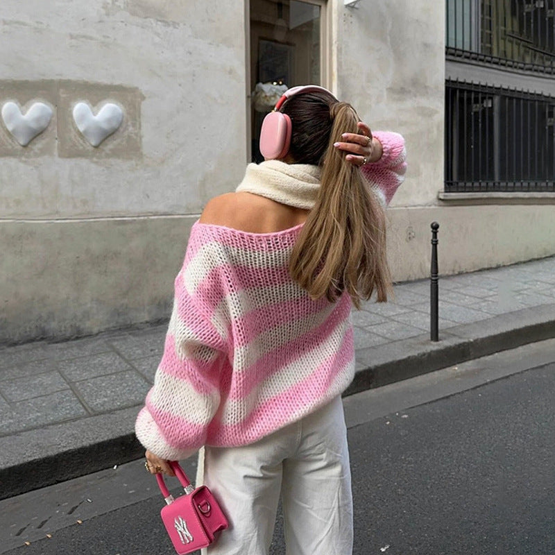 Loose Striped Knit Pullover Jumper for Women, Long Sleeve
