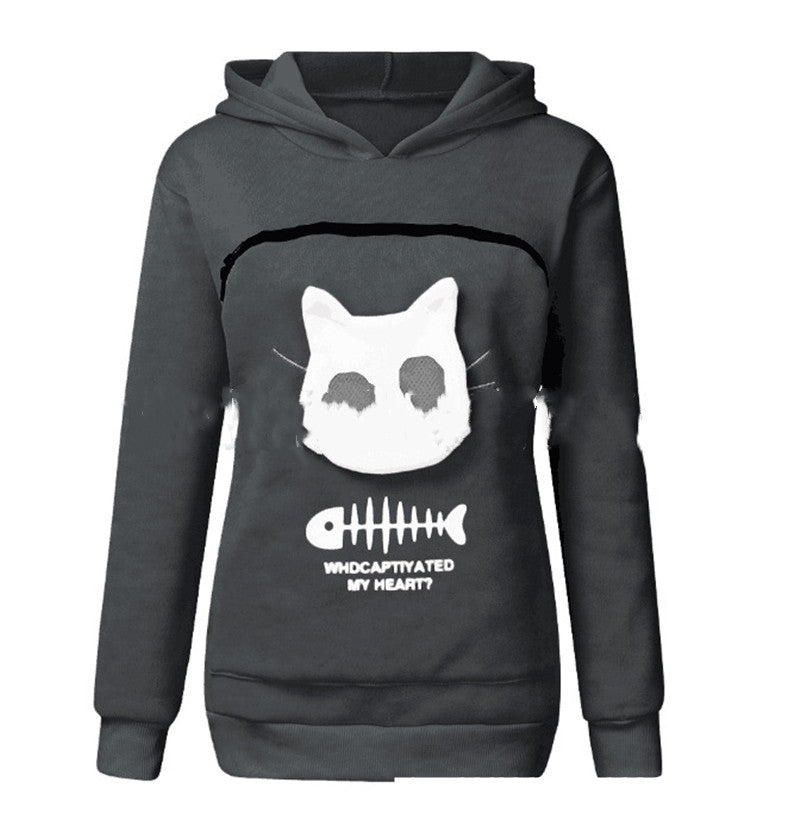 Women's Cat Pocket Hoodie Sweatshirt with Long Sleeves, Cosy Fit