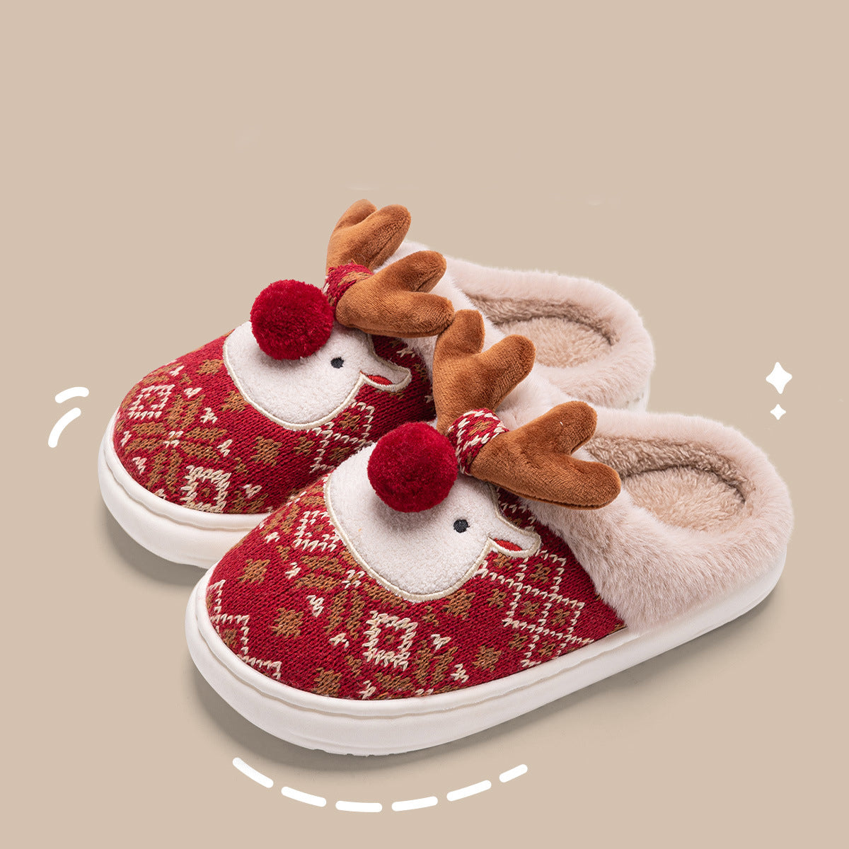 Cute Christmas Elk Plush Slippers with Non-Slip Sole
