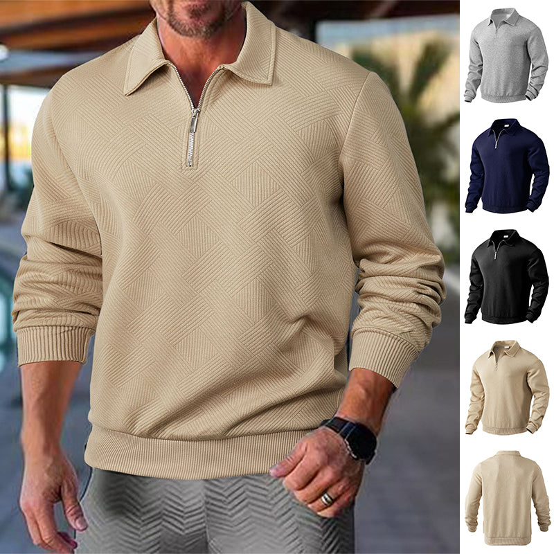 Men's Lapel Jacquard Half-Zip Sweatshirt in Solid Colours