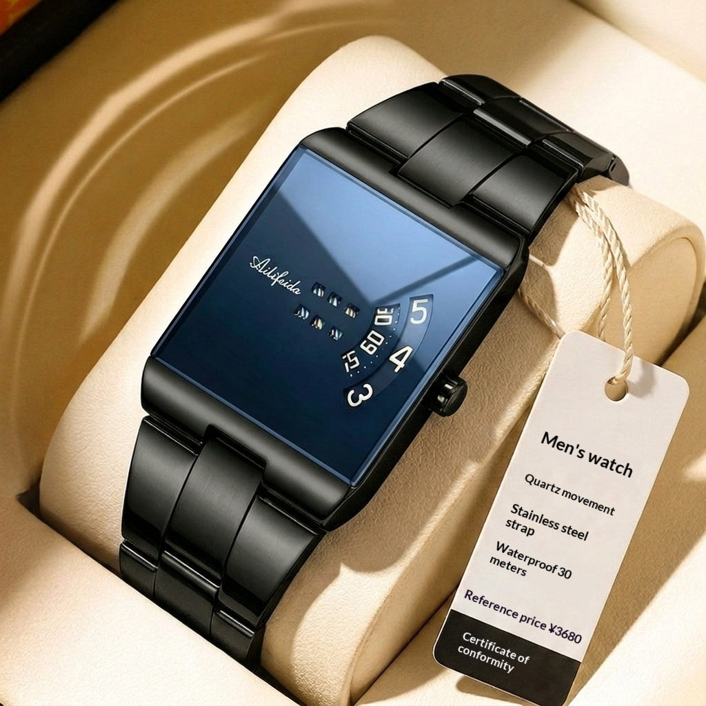 Square Quartz Waterproof Steel Band Luxury Men's Wristwatch