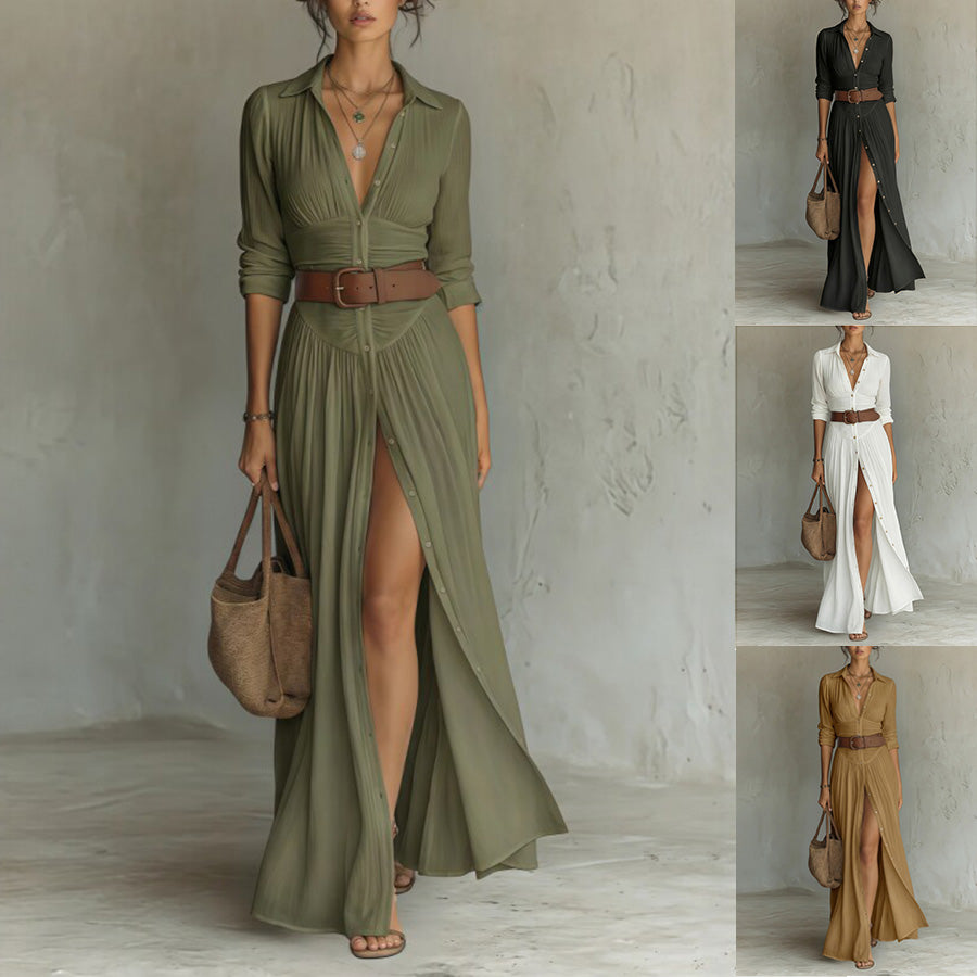 Women's V-Neck Long Dress with High Side Split, Loose Casual Maxi