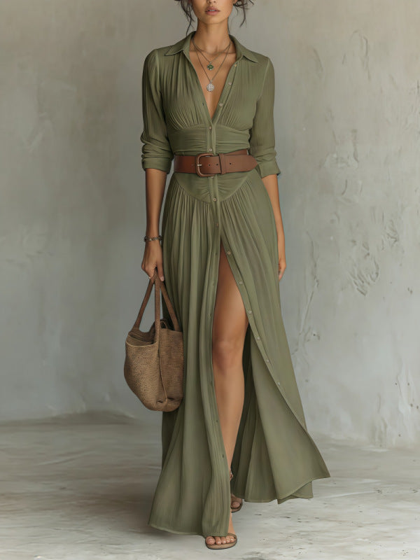 Women's V-Neck Long Dress with High Side Split, Loose Casual Maxi