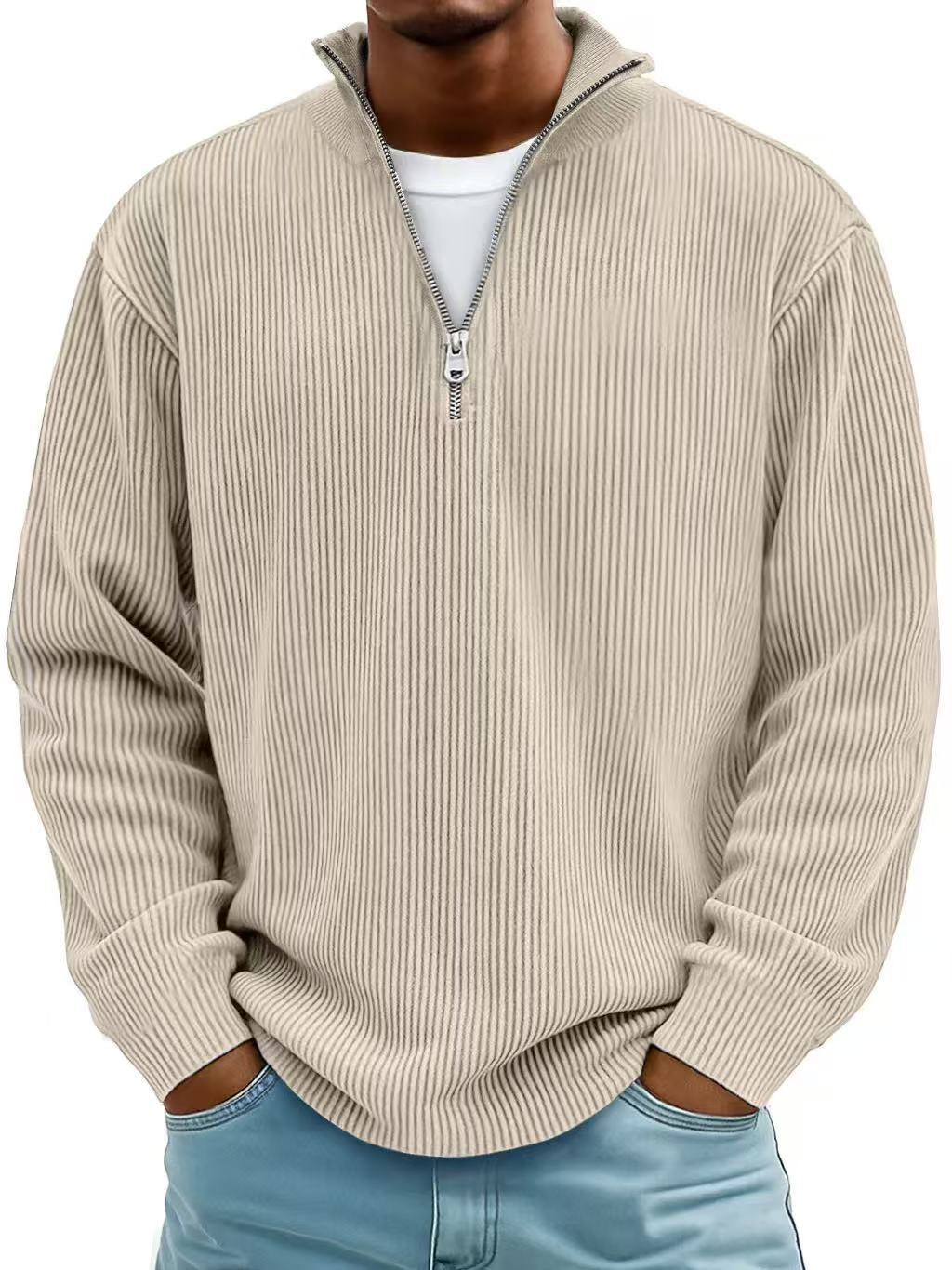 Corduroy Zip-Up Stand Collar Sweatshirt, Warm Solid Colour Top for Men