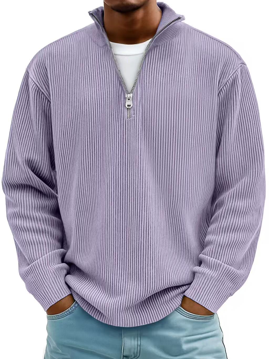 Corduroy Zip-Up Stand Collar Sweatshirt, Warm Solid Colour Top for Men