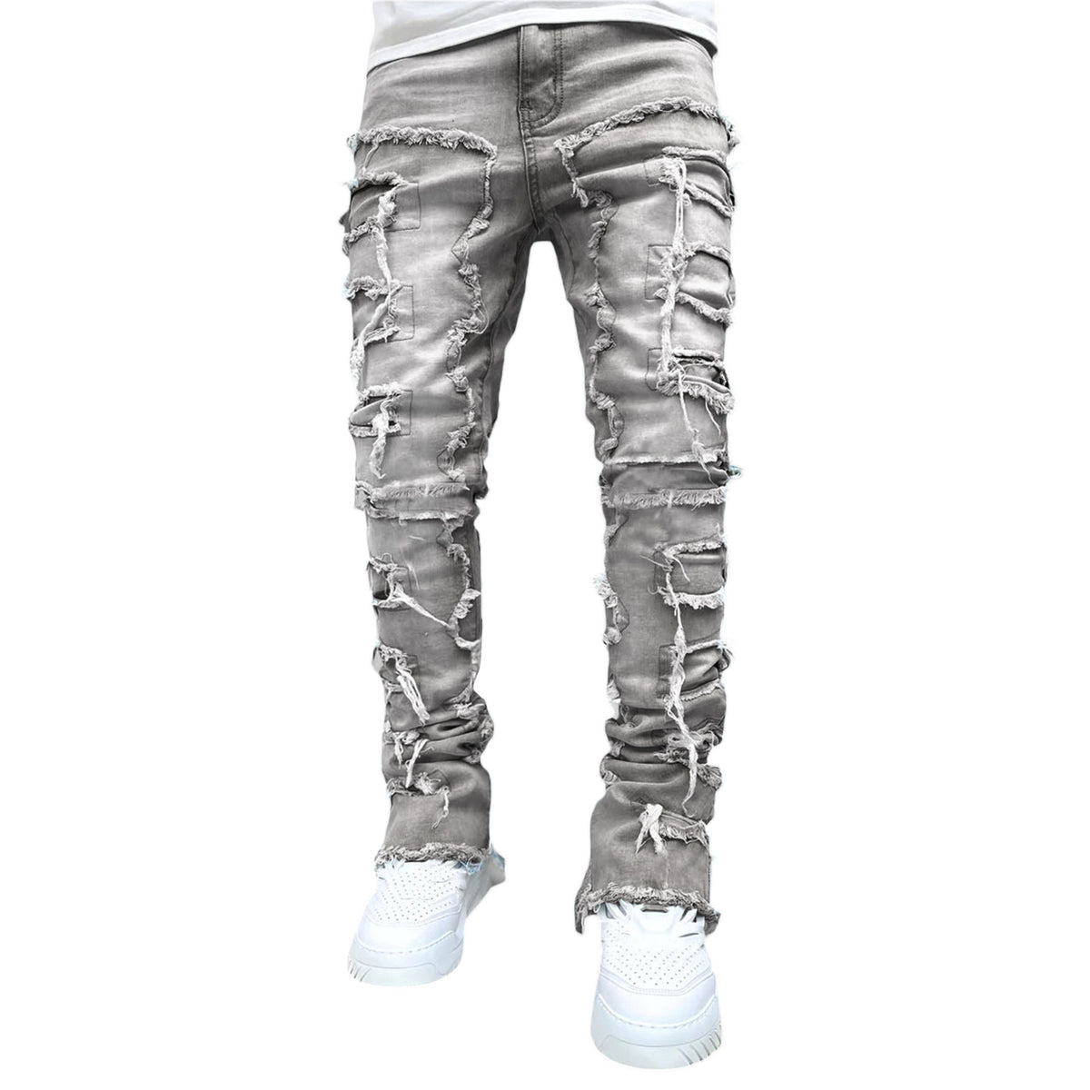 Men's Ripped Fringe Patched Jeans in a Slim Stacked Fit