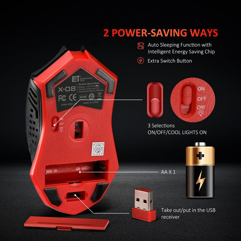 Silent Wireless Mouse with Power-Saving Design in Blue or Red