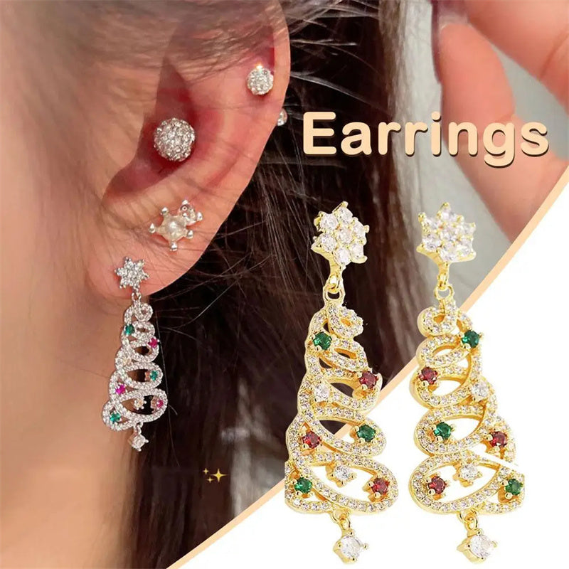 Full Inlaid Colourful Zircon Christmas Tree Tassel Earrings
