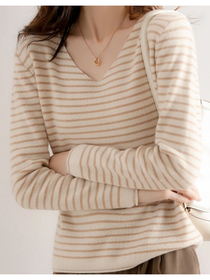 Gestreifter Damen-Strickpullover mit V-Ausschnitt für den Alltag