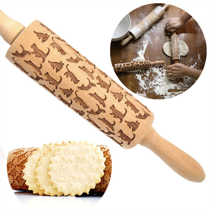 Wooden Christmas Embossing Rolling Pin for Cookies and Dough